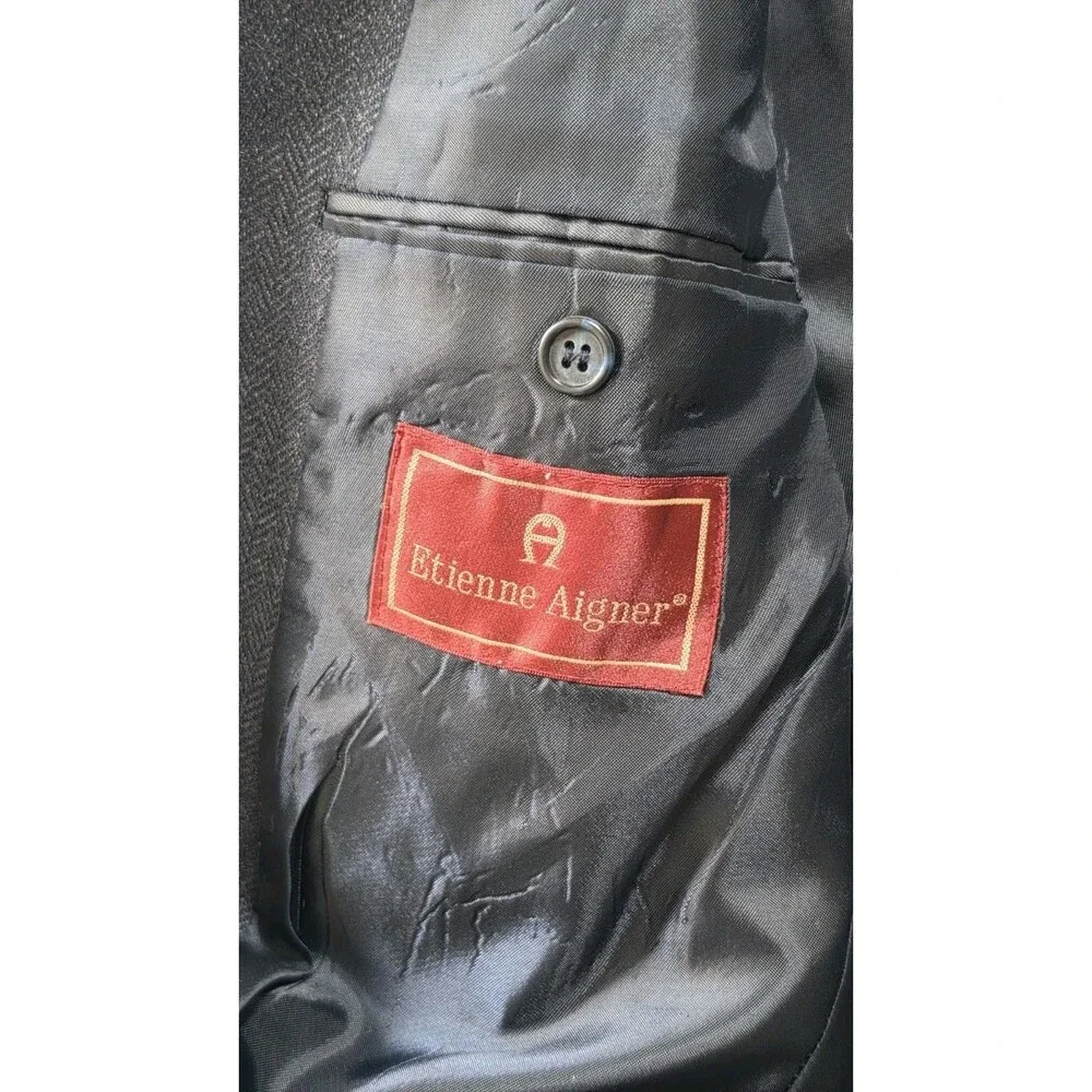 Etienne Aigner Mens Wool Lambswool Blazer 44L Charcoal Gray Herringbone Sport